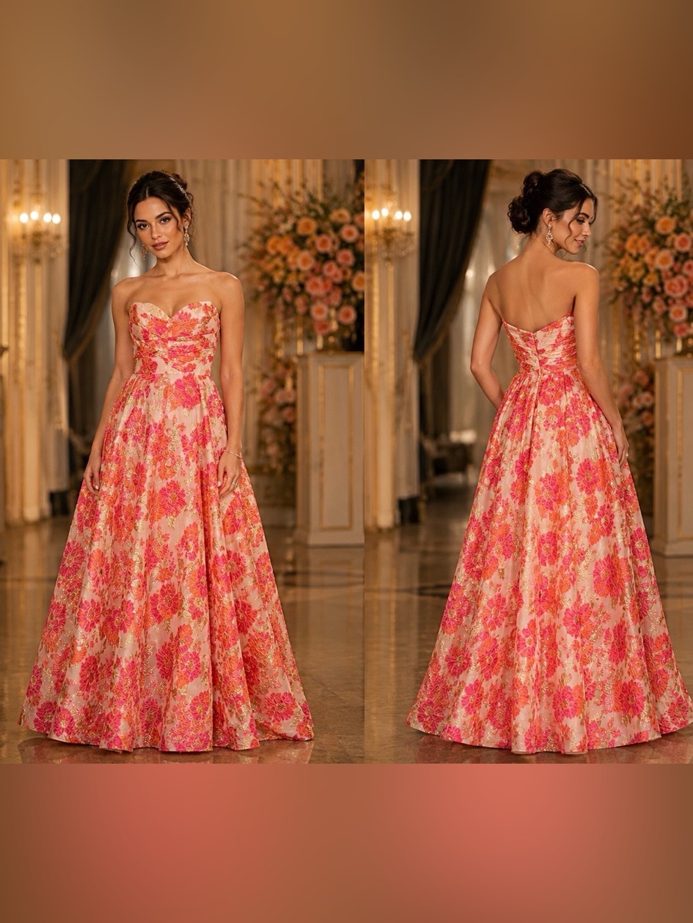 Floral Strapless Sweetheart Prom Dress in Pink